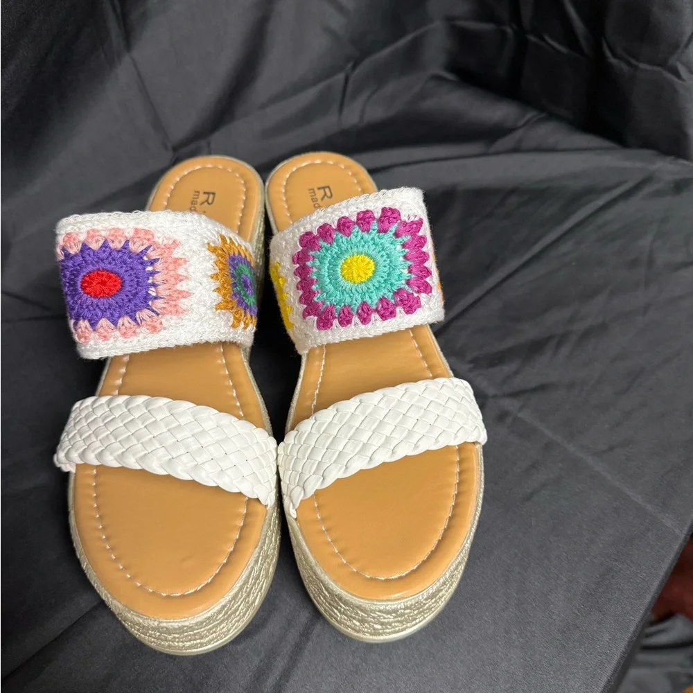 Never worn White Platform Wedge Sandals with Multicolor Crochet Accent - Picture 3 of 4